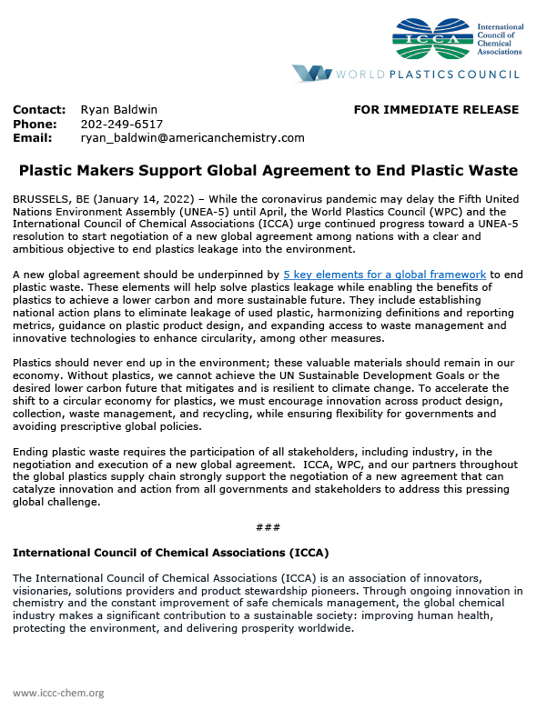 Plastic Makers Support Global Agreement to End Plastic Waste