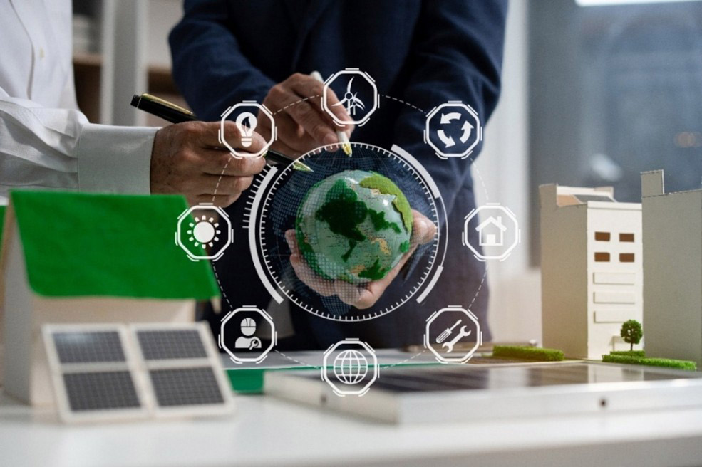 Hands holding a digital globe surrounded by sustainability, circular economy, renewable energy, and innovation icons