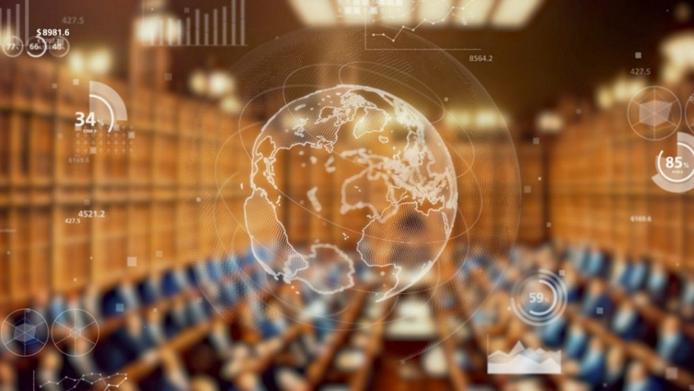 Digital globe visualization over a conference setting representing international negotiations, policy discussions, and data-driven decision-making